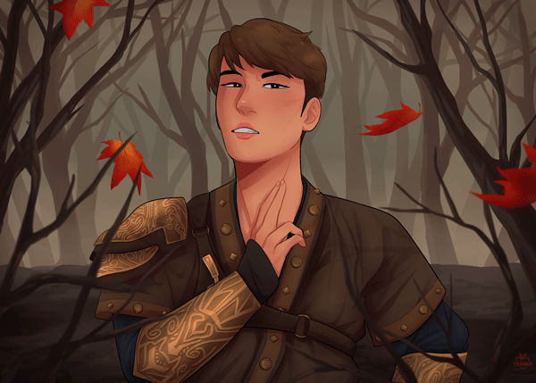 Untitled Illustration of Jackson from GOT7 in a brown, dry forest with falling orange leaves. He is dressed in leather and gold, engraved armor.