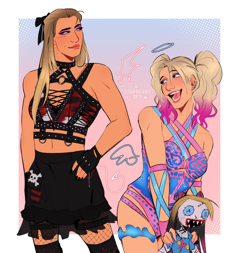 Illustration of two wrestler women, one dressed in dark gear and the other in bright pink and blue gear.