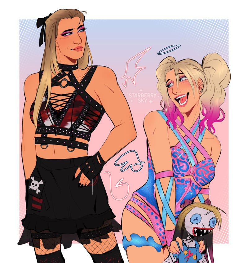 Untitled Illustration of two wrestler women, one dressed in dark gear and the other in bright pink and blue gear.
