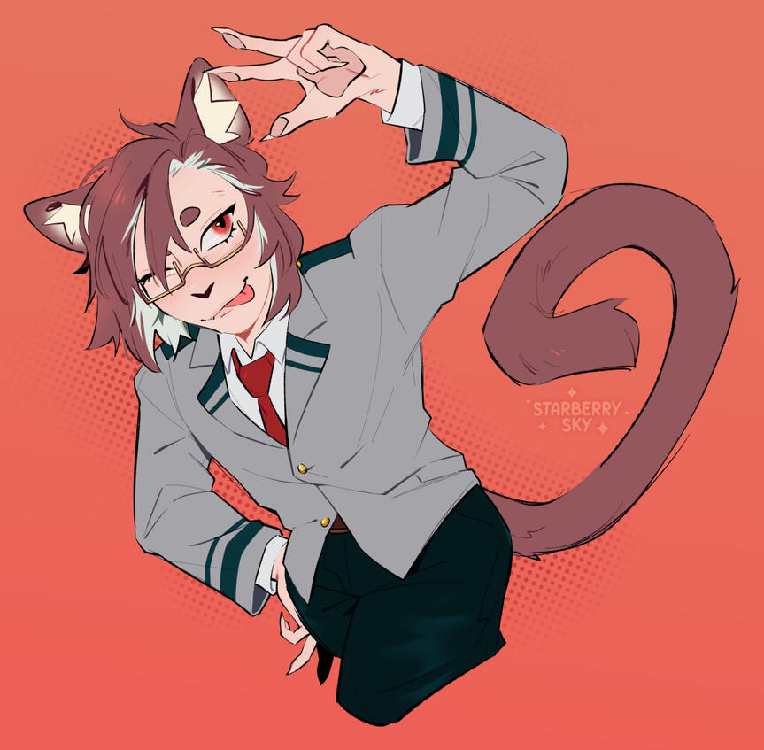 Untitled Illustration of an original character with cat ears and a tail, posing cutely in a grey school uniform.