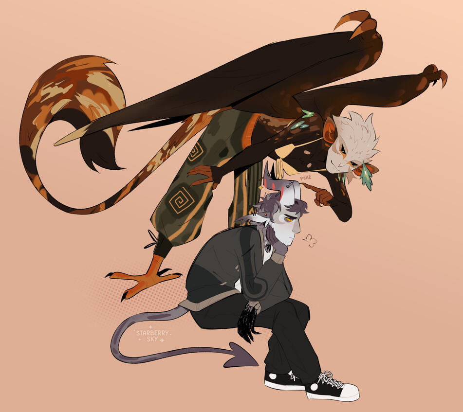 Untitled Illustration of a tortoiseshell-patterned harpy leaning over a grey, horned man and poking at his horn teasingly.