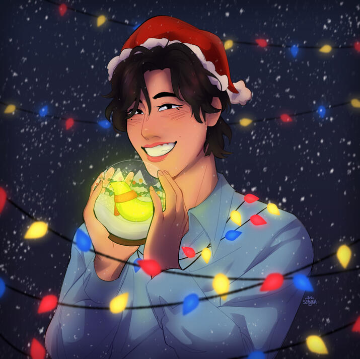 Untitled Illustration of Yugyeom from GOT7 holding a snow globe with a green, glowing bird inside of it. He is surrounded by darkness, falling snow, and Christmas lights.