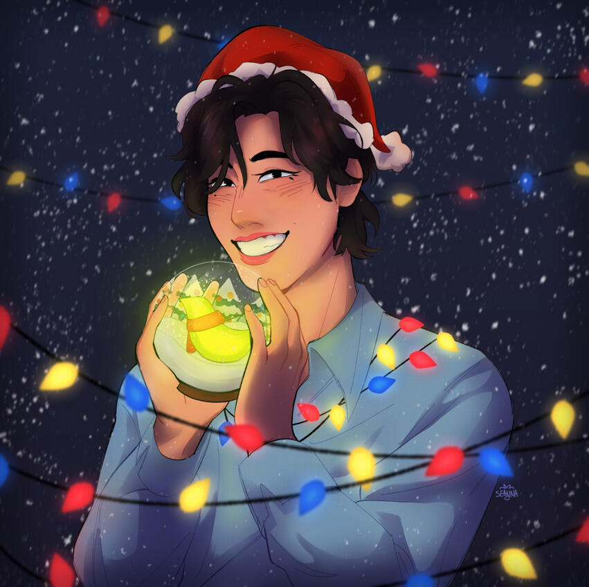 Untitled Illustration of Yugyeom from GOT7 holding a snow globe with a green, glowing bird inside of it. He is surrounded by darkness, falling snow, and Christmas lights.