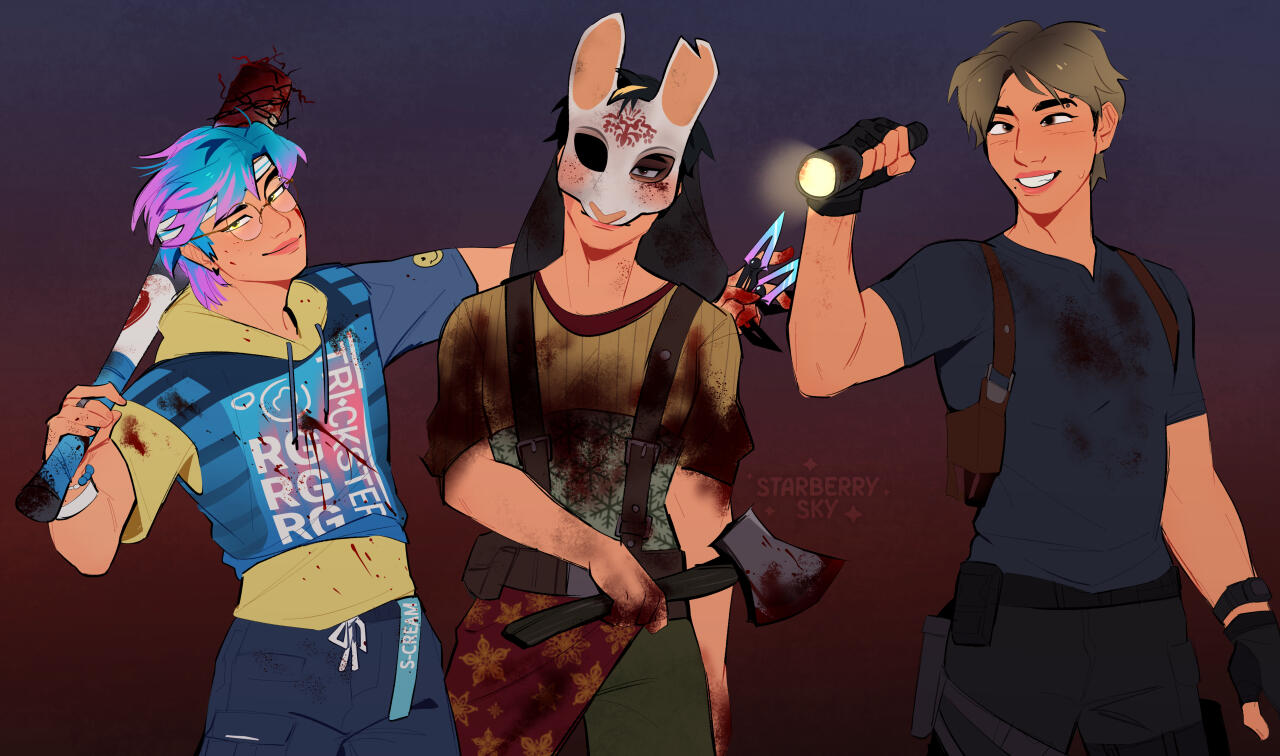 Untitled Illustration of three original characters dressed in horror costumes.