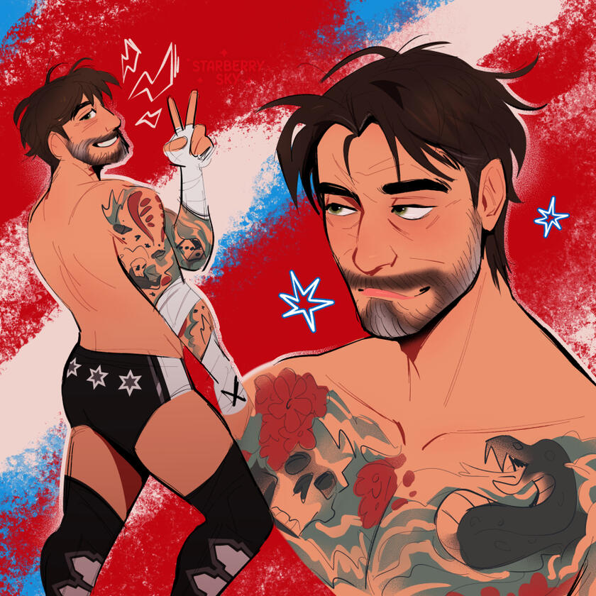 Illustration of a male wrestler with a heavily tattooed chest and arms.