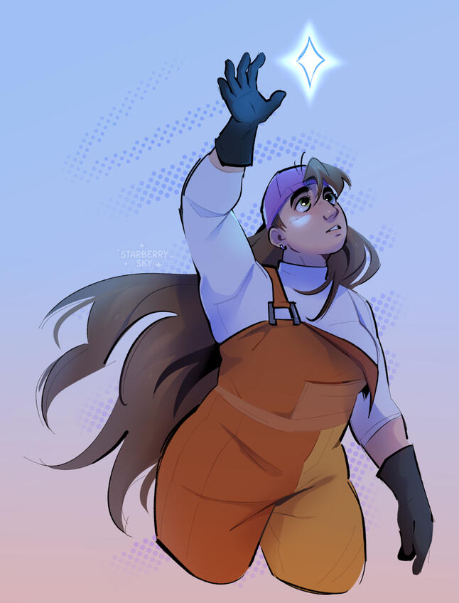 Untitled Illustration of Frankie from Knights of Guinevere, holding a hand to a blue star above her.