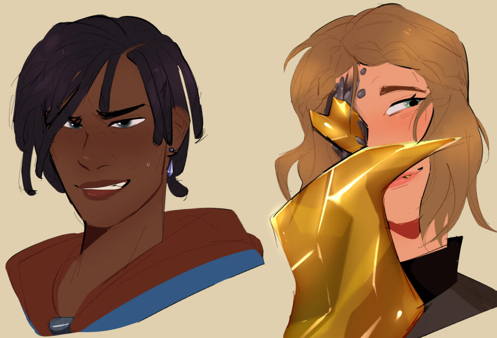 Untitled Illustration of two original characters. One has a yellow gem in place of an eye and hand.