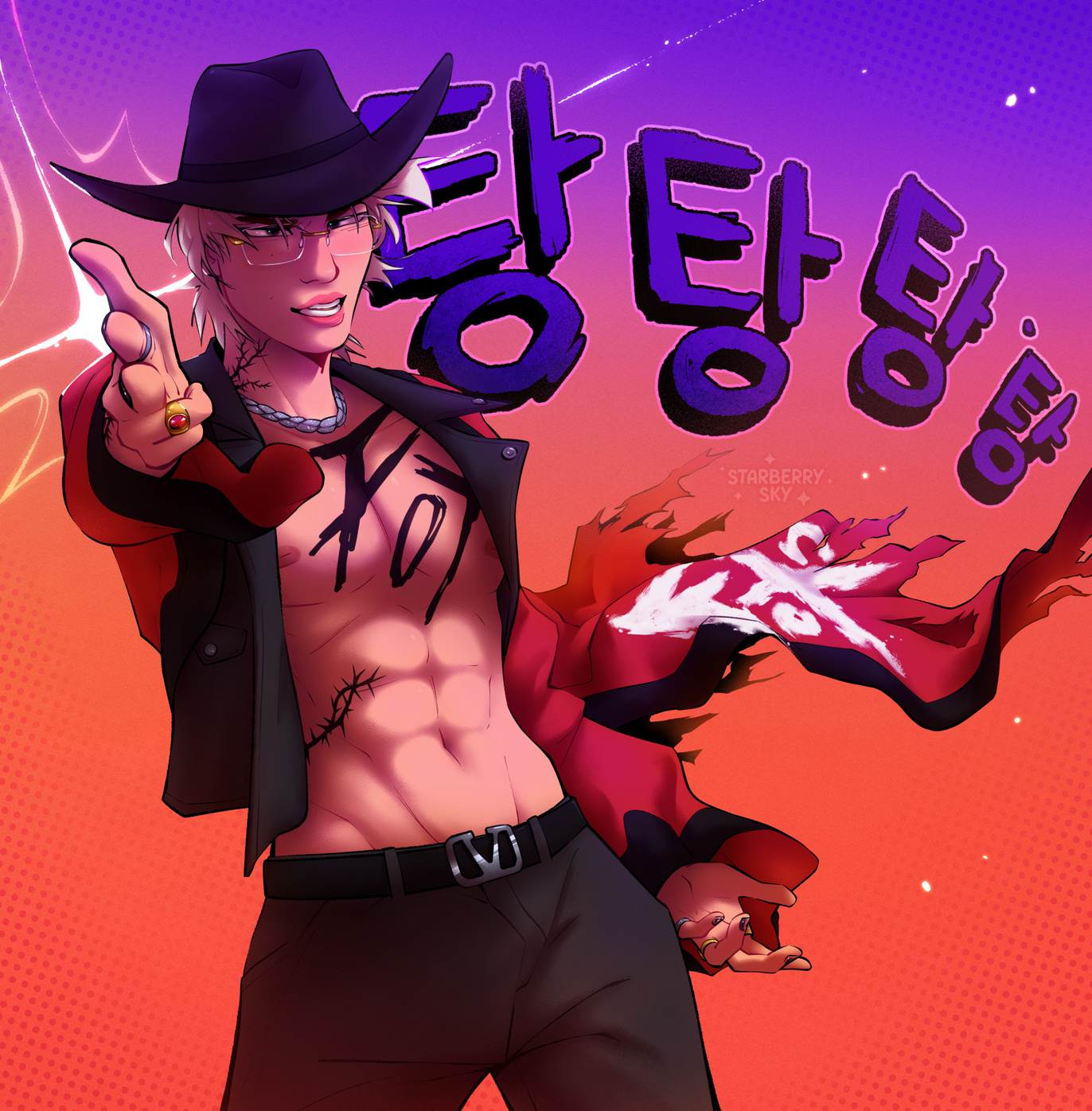 Untitled Illustration of Mingi from ATEEZ on a purple to orange gradient background. Mingi is wearing a boxing robe over an leather jacket and pointing a finger gun at the viewer.