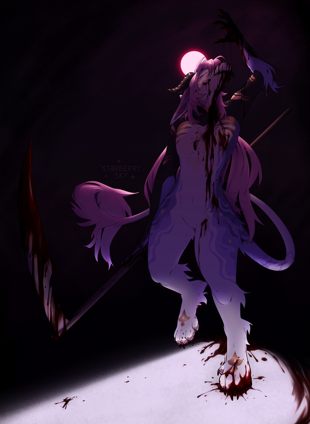 Illustration of a purple and pink vernid dripping blood from her hand onto her tongue. She wields a bloody scythe.
