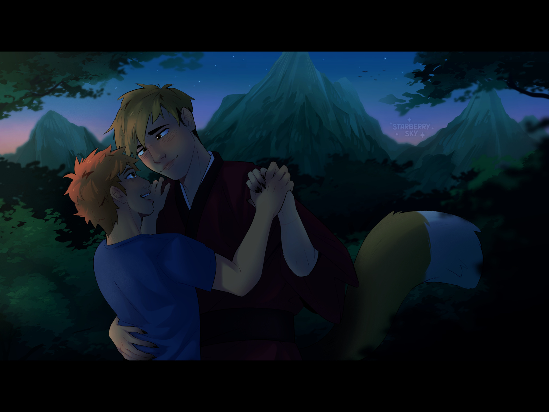 Illustration of a red-headed man and blonde man with a fox tail, holding each other intimately in a green forest.
