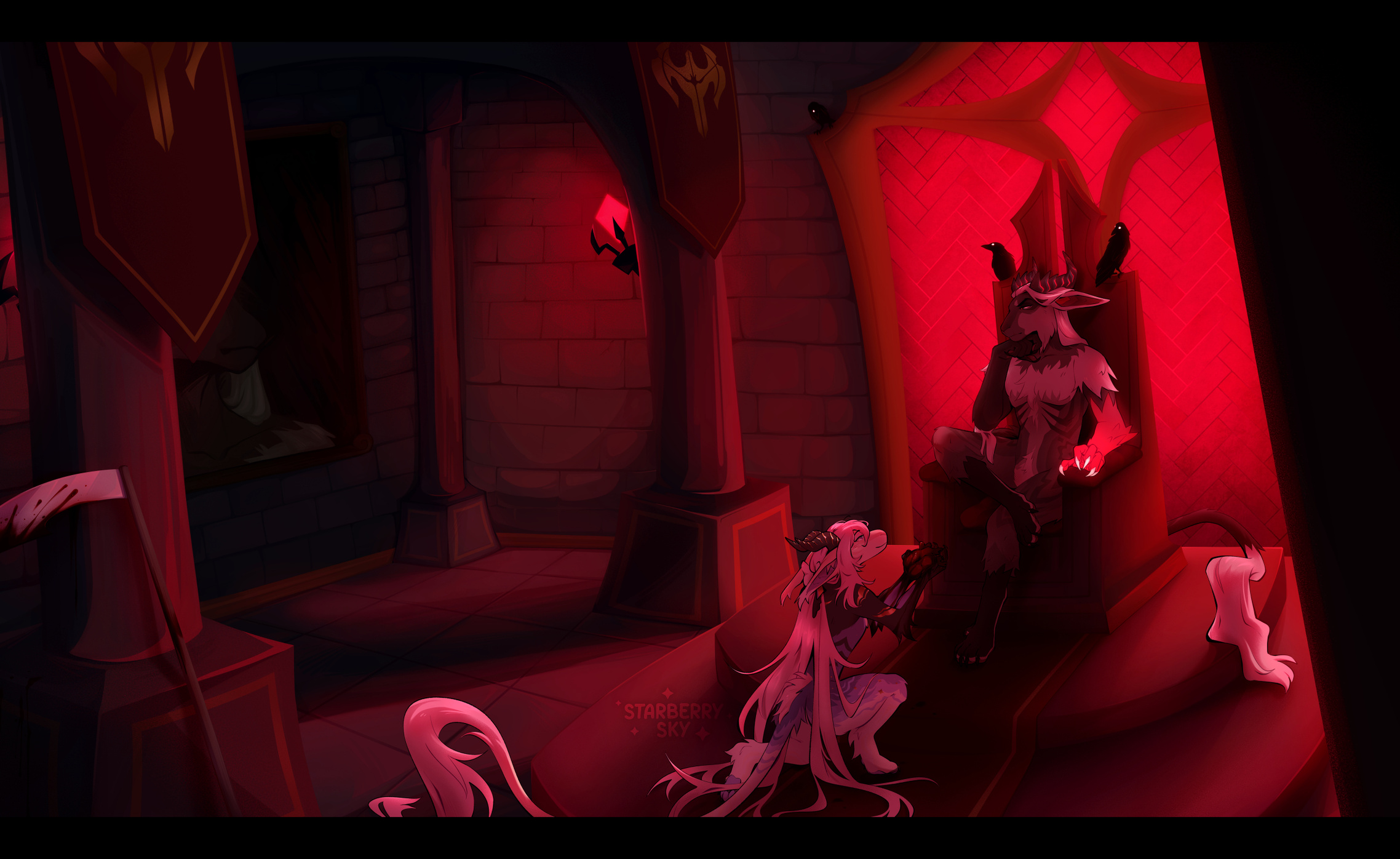 Illustration of a red and moody throne room with a vernid seated on a throne and another kneeling before him, holding a bloody heart in offering.