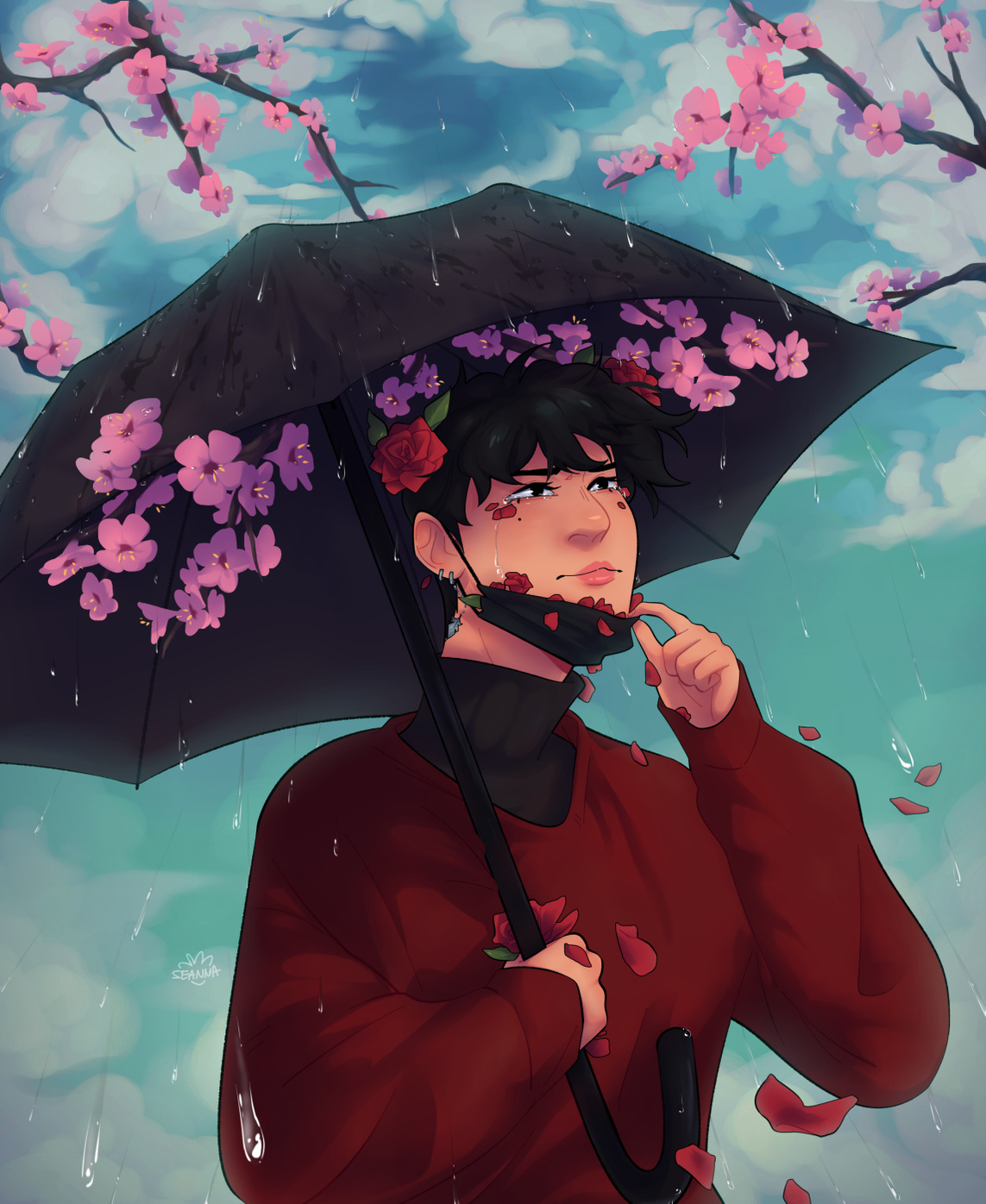 Untitled Illustration of Yugyeom from GOT7 under an umbrella. There are sakura flowers blooming from under the umbrella, and roses blooming under Yugyeom's face mask.