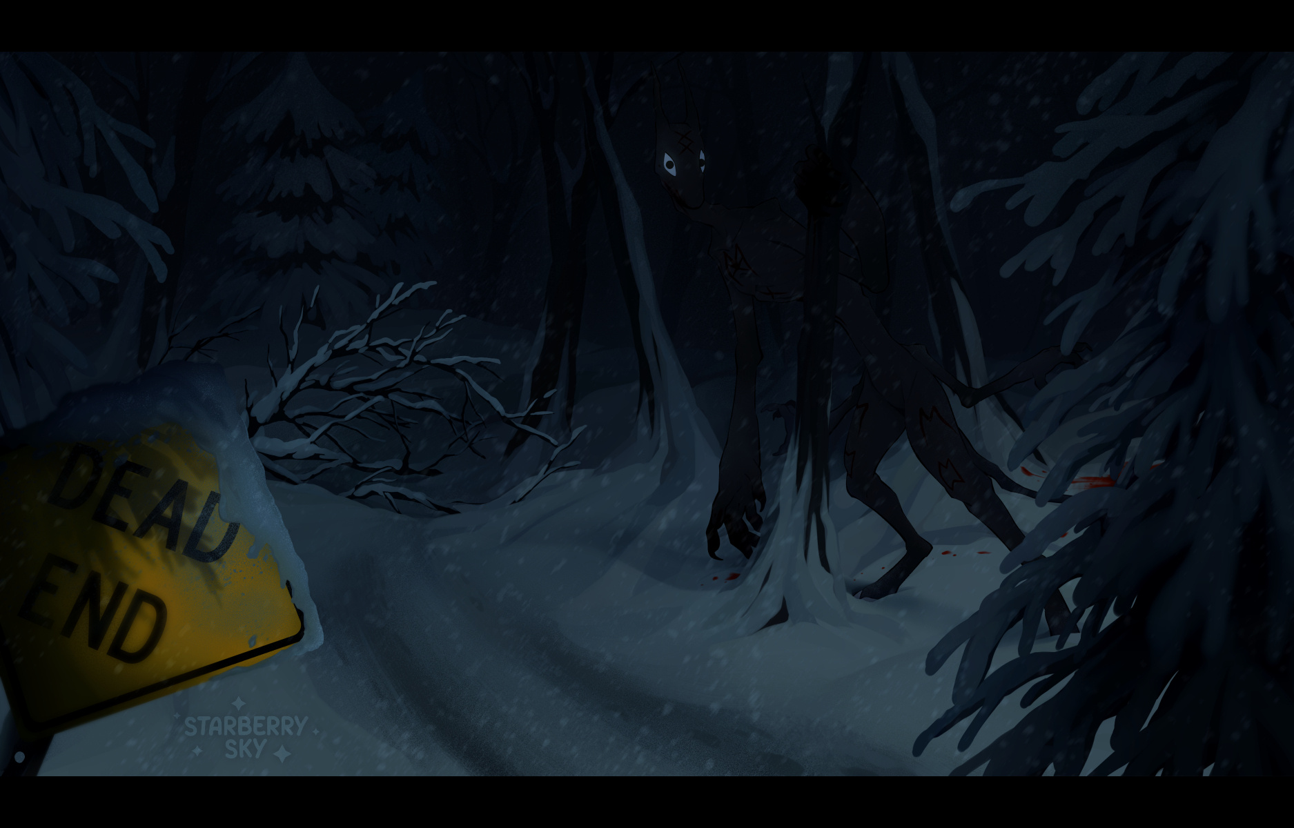 Untitled Illustration of a dark, snowy forest with a tall, skinny creature with glowing eyes. There are splatters of blood behind her and a yellow "dead end" sign in the corner.