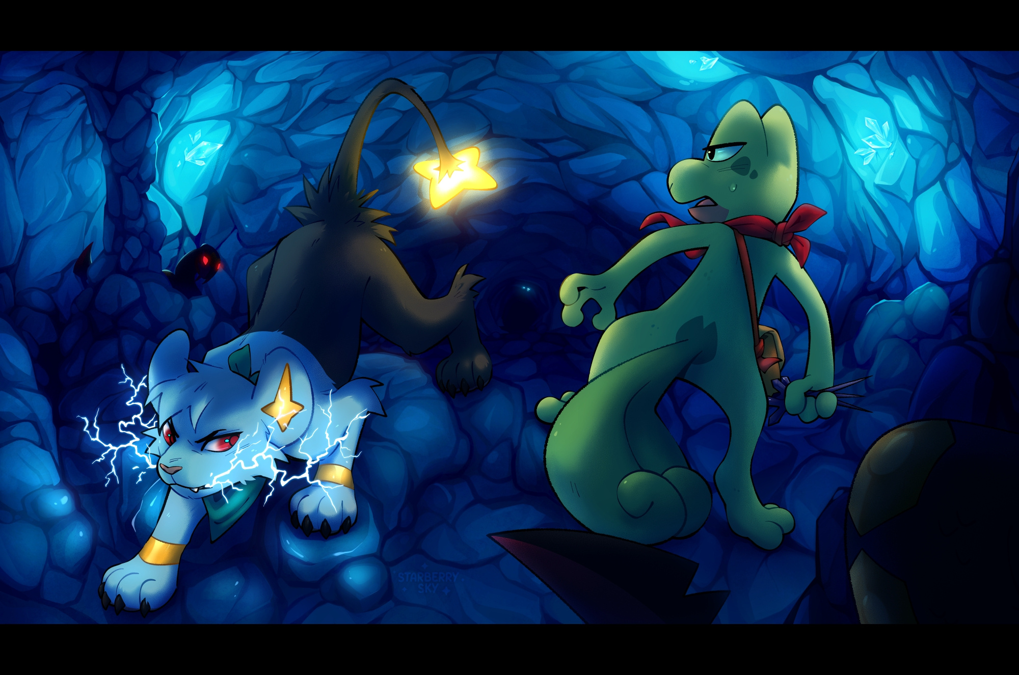 Untitled Illustration of a Shinx and Treecko in a rocky cave lit by blue crystals, posed to defend themselves against two surrounding Sevipers.
