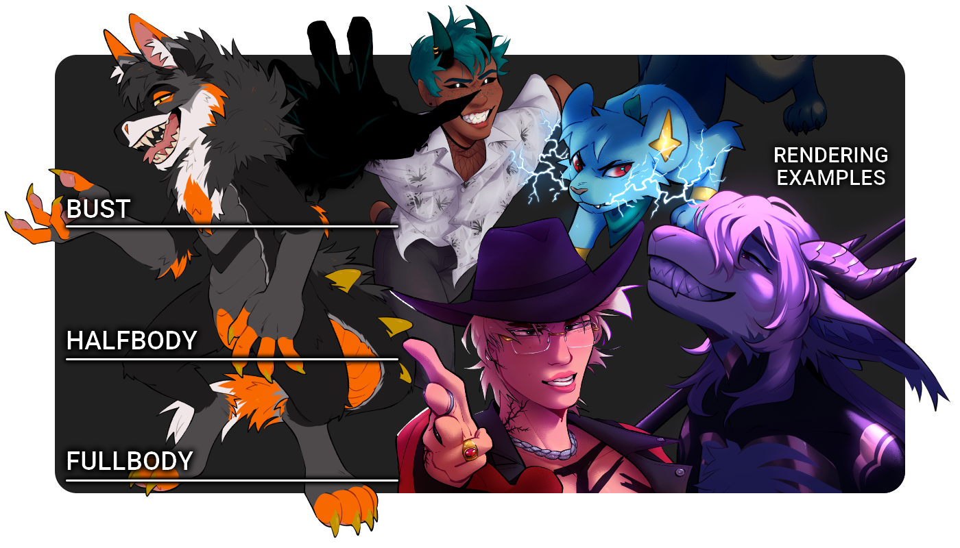 Dark grey graphic with illustrations of various characters. White lines designate how much of the body is considered a bust, a halfbody, or a fullbody.