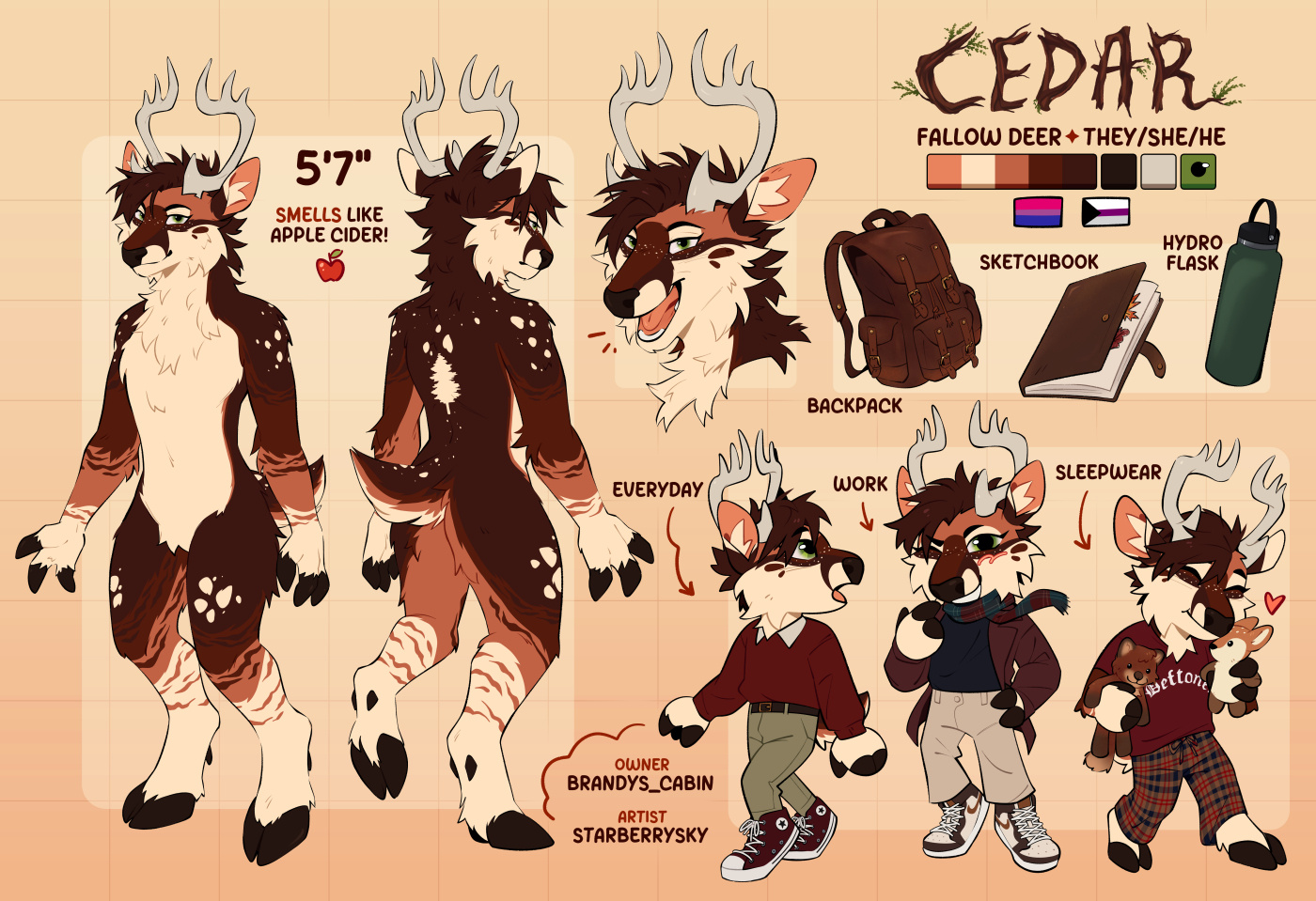 Drawn reference sheet of an anthropomorphic brown deer.