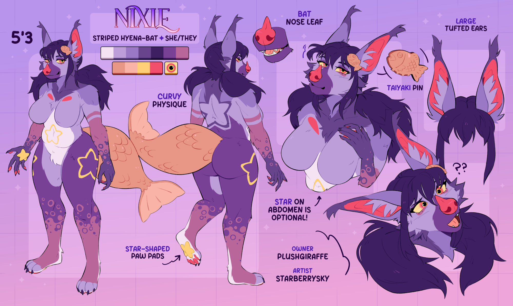 Drawn reference sheet of am anthropomorphic purple hyena-bat hybrid.