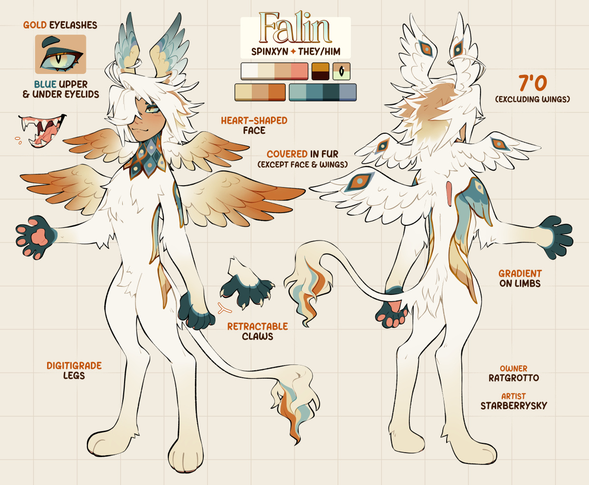 Untitled Drawn reference sheet of an anthropomorphic sphynx-like character with several pairs of wings on their back and head.