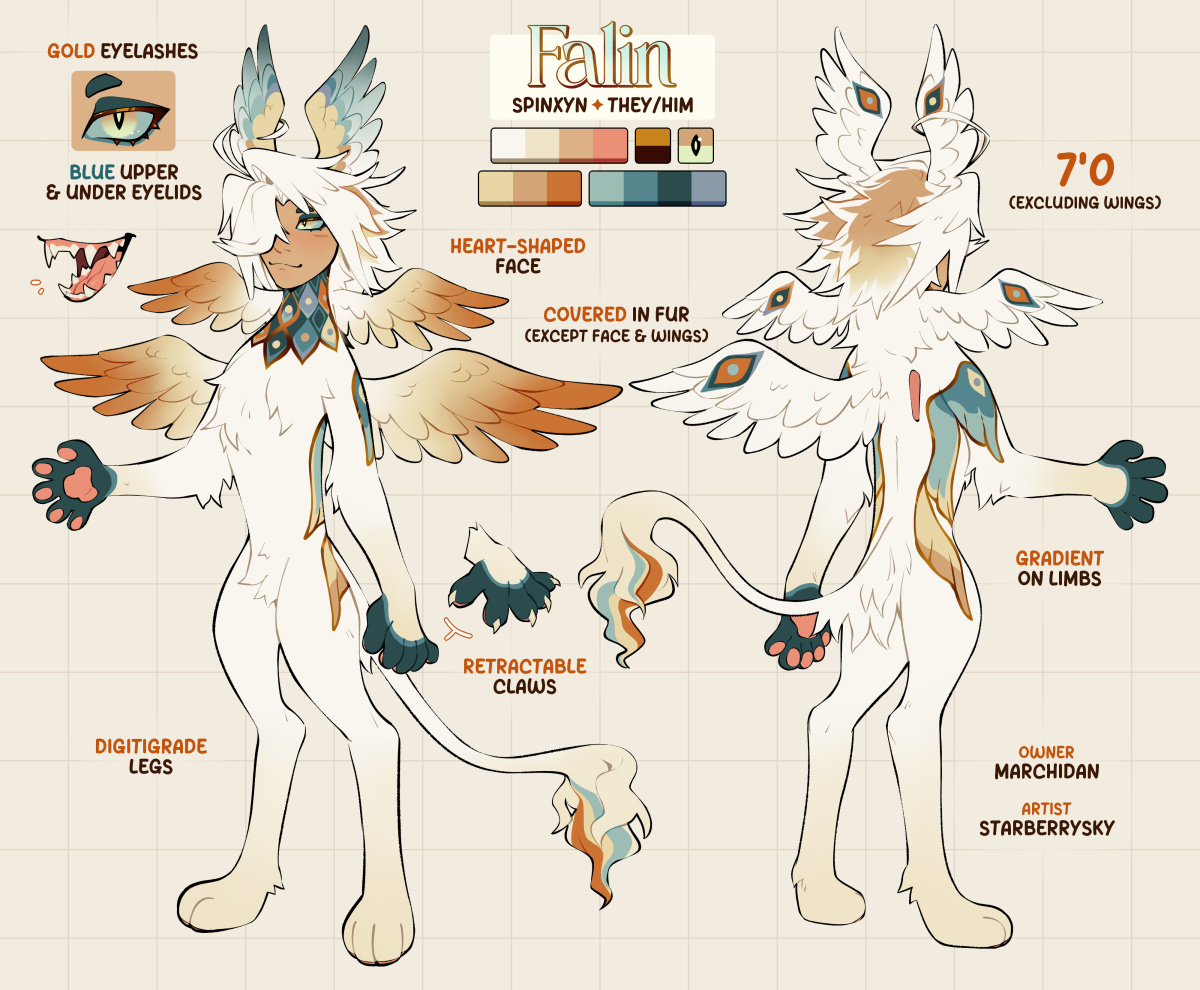Drawn reference sheet of an anthropomorphic sphynx-like character with several pairs of wings on their back and head.