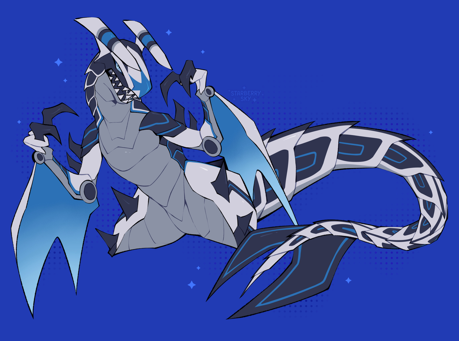 Illustration of a mechanical-looking Garchomp on a blue background.