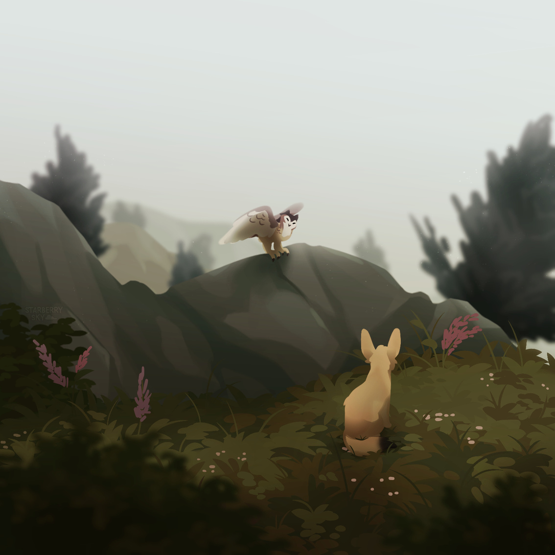 Illustration of a forest with an owl perched on a large rock and a fennec fox sitting below it on the grass.