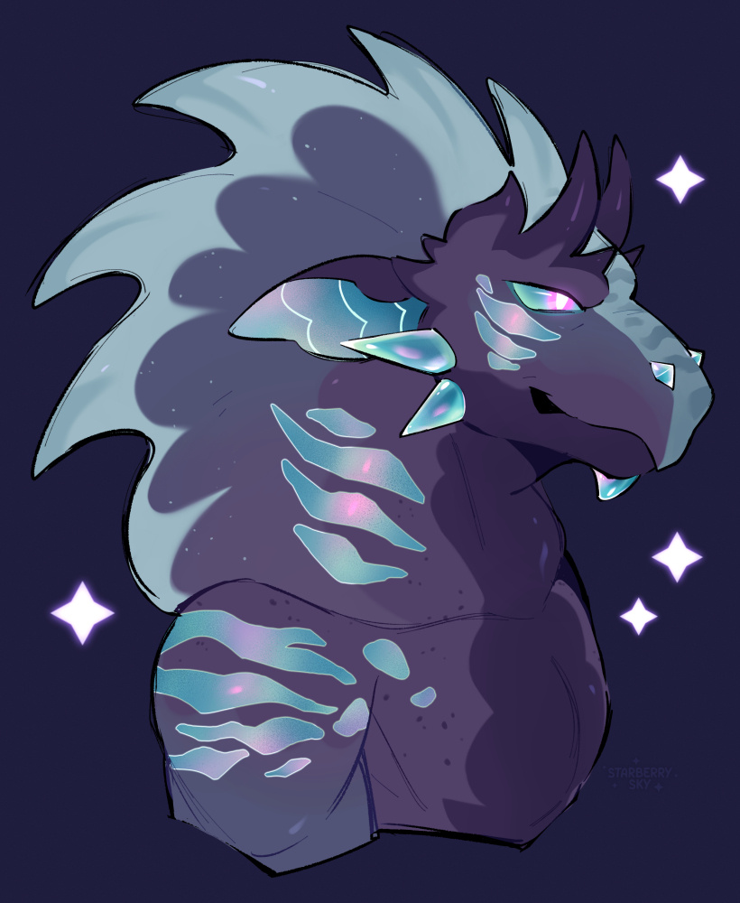 Illustration of a pale purple and blue kobold on a darker purple background.