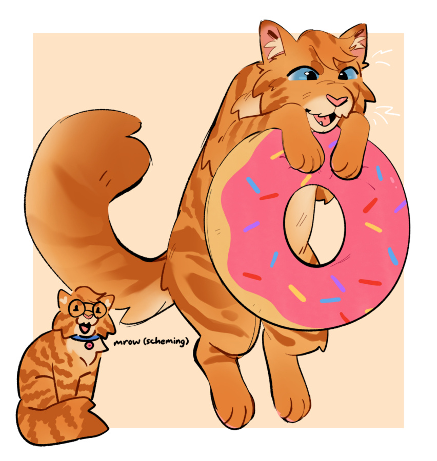 Illustration of an orange tabby cat with blue eyes and a pink sprinkled donut.