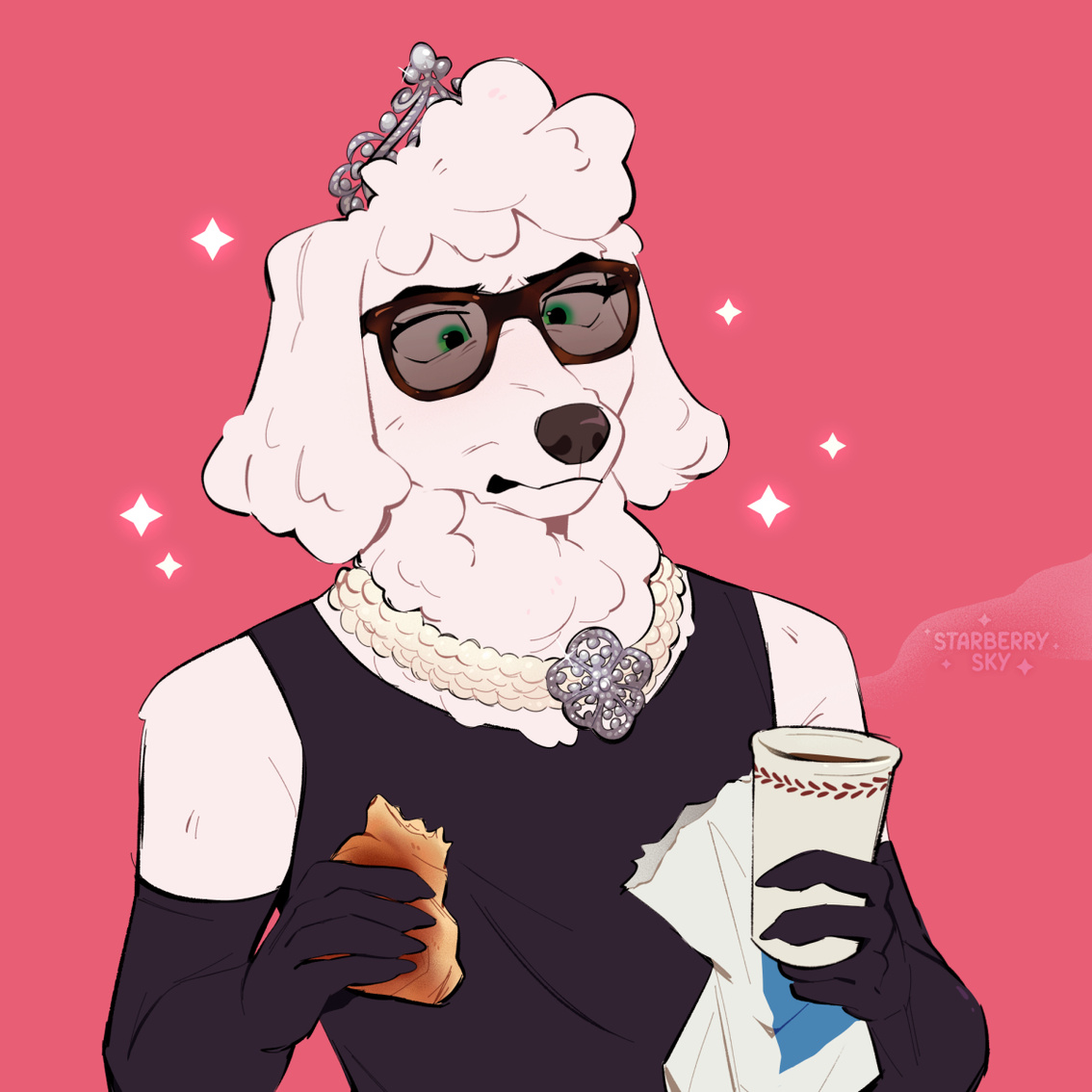 Illustration of a white poodle wearing sunglasses, a black dress, black gloves, a tiara, and jewelry. He has a croissant and coffee in each hand.