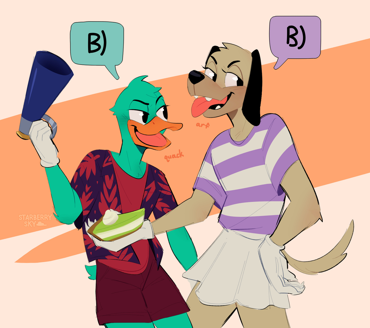 Illustration of a teal duck and beige dog in the style of Toontown.