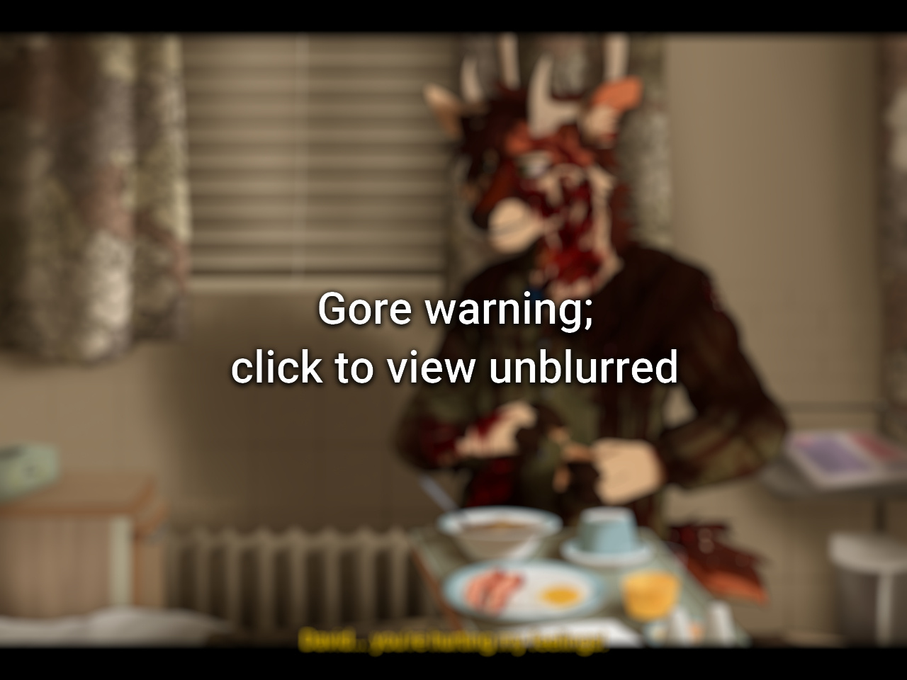 Illustration of an anthropomorphic deer in a beige hospital room with a breakfast platter. It is blurred to censor bodily gore. The text on top of it reads, "Gore warning; click to view unblurred"