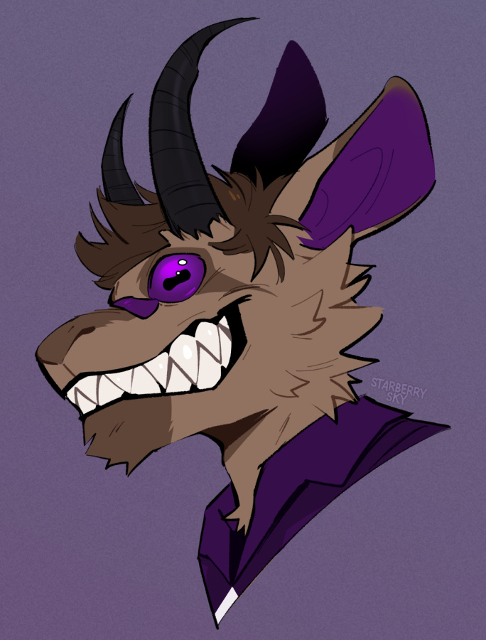 Illustration of a brown, goat-like character with black horns, purple eyes, and a sharp-toothed smile.