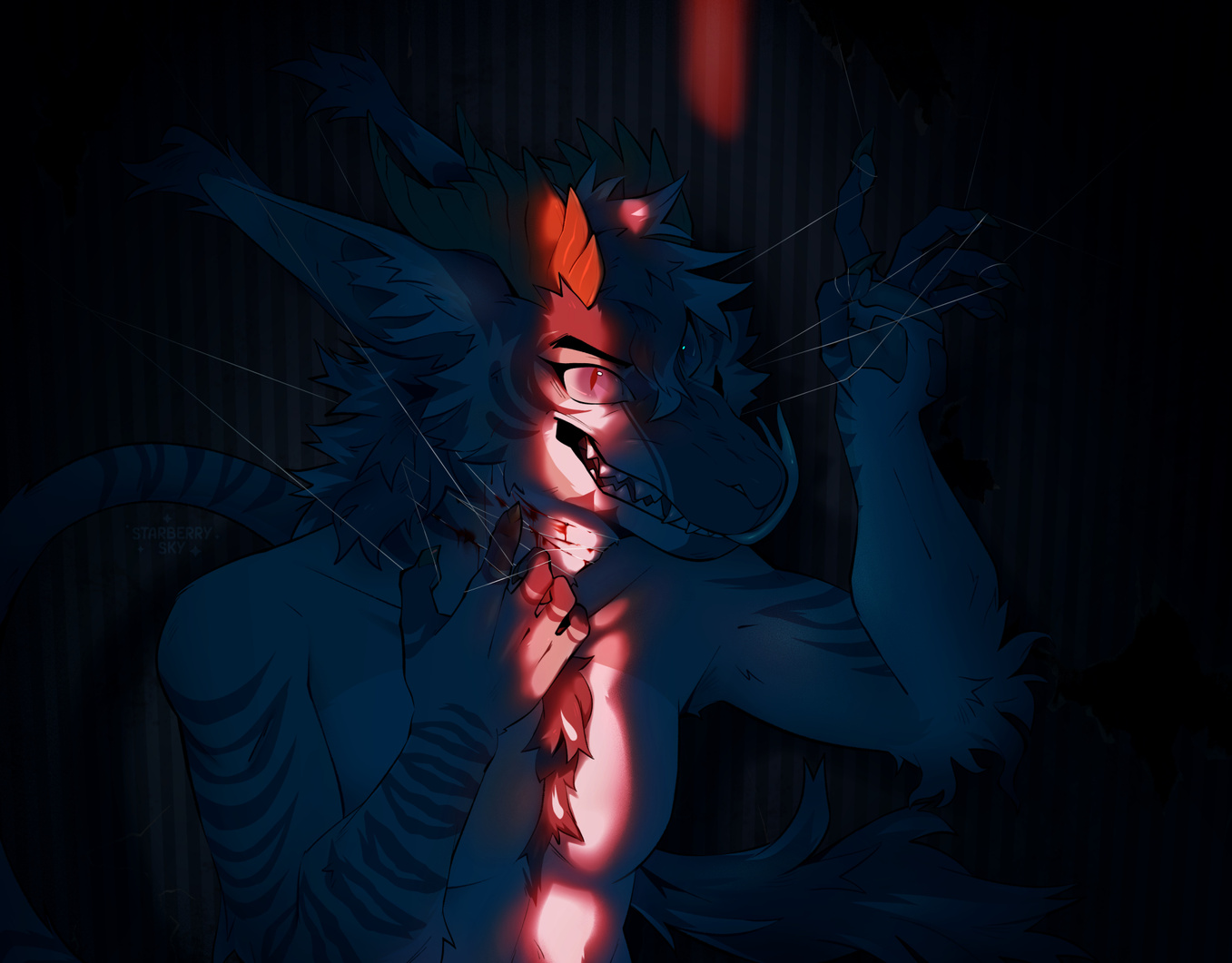 Untitled Illustration of a smiling vernid against a dark background with a red streak of light going vertically across his face. There are strings strung around his neck, being pulled by his hands.