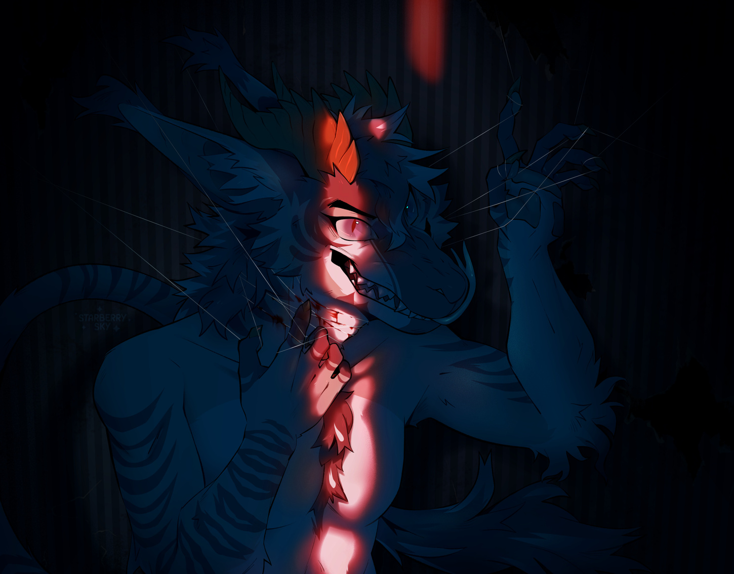 Untitled Illustration of a smiling vernid against a dark background with a red streak of light going vertically across his face. There are strings strung around his neck, being pulled by his hands.