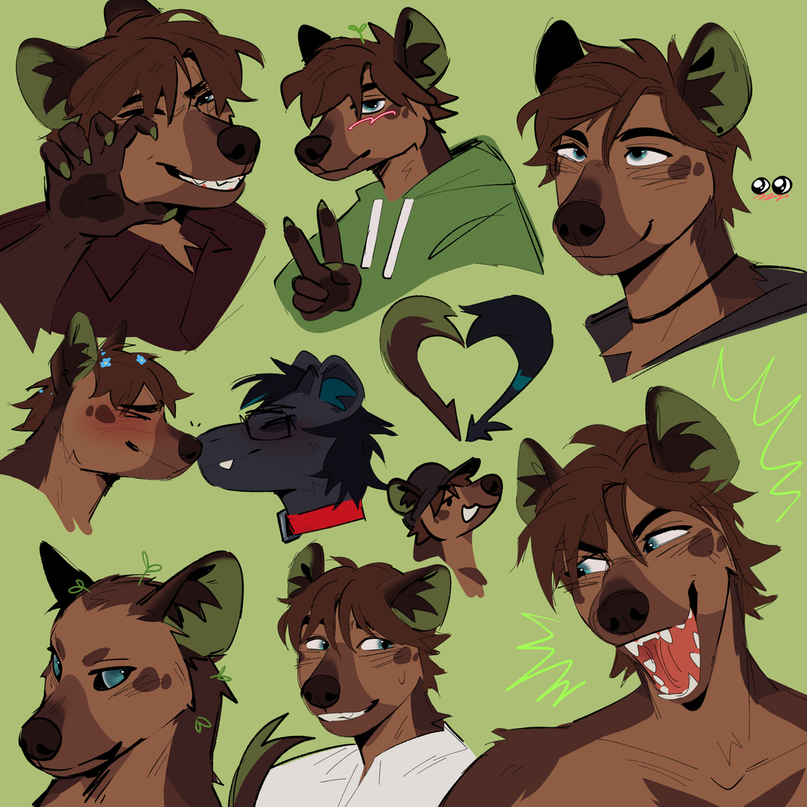 Sketch compilation of an anthropomorphic brown spotted hyena with green accents. He is posing and smiling in most of them.