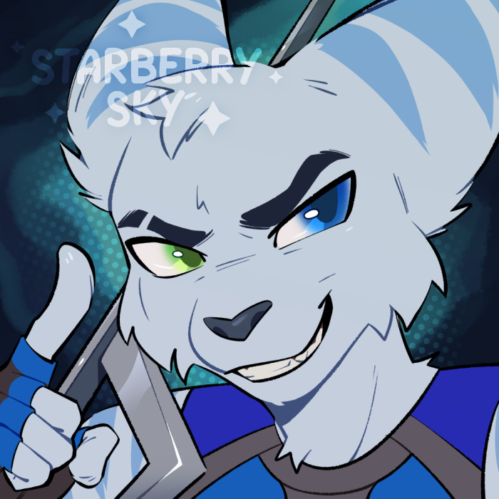 Illustration of a light blue lombax with green and blue heterochromia, holding a metal weapon and smirking confidently.