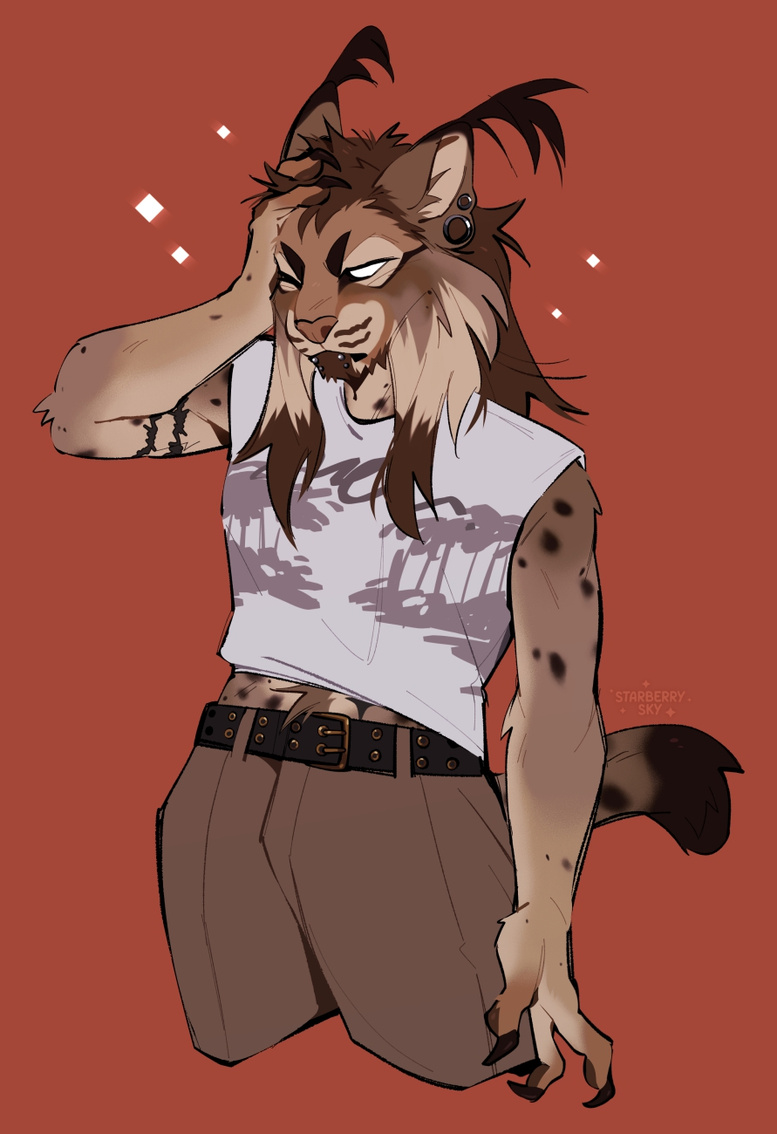 Illustration of an anthropomorphic lynx in a white top and brown pants, rubbing her head over a dull orange background.