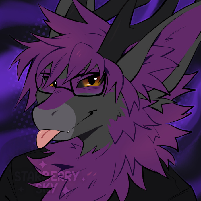 Illustration of a dark grey dragon with a purple mane and glasses, sticking his tongue out playfully.