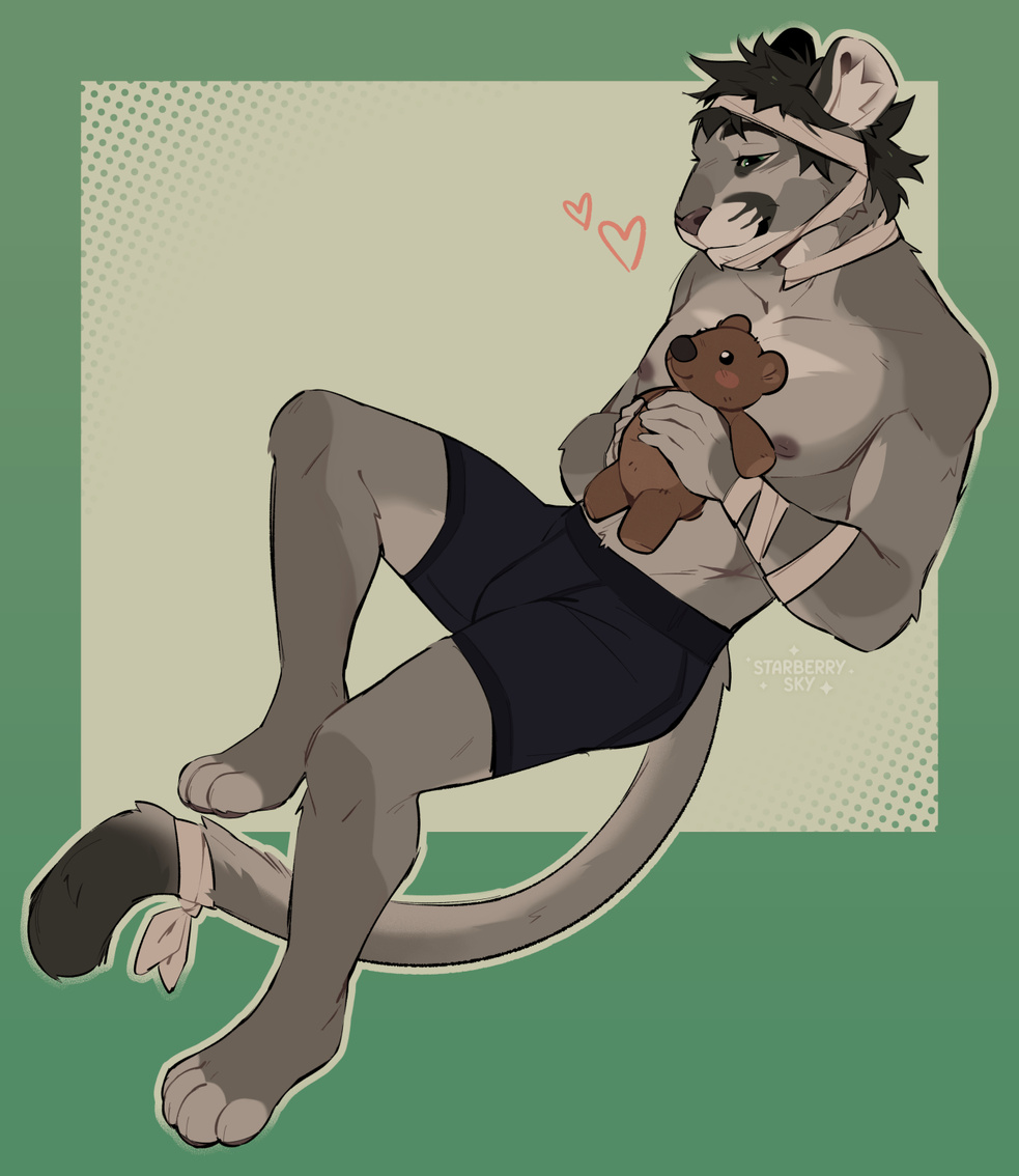 Illustration of an anthropomorphic big cat in boxers and bandages, happily holding a teddy bear to his chest.