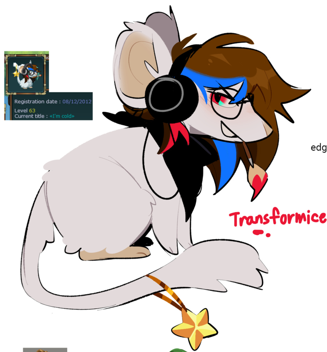 Illustration of a fluffy white mouse character from Transformice. She has brown hair with blue and red streaks, headphones over her ears, a paint brush in her grinning mouth, and a star charm around her tail.