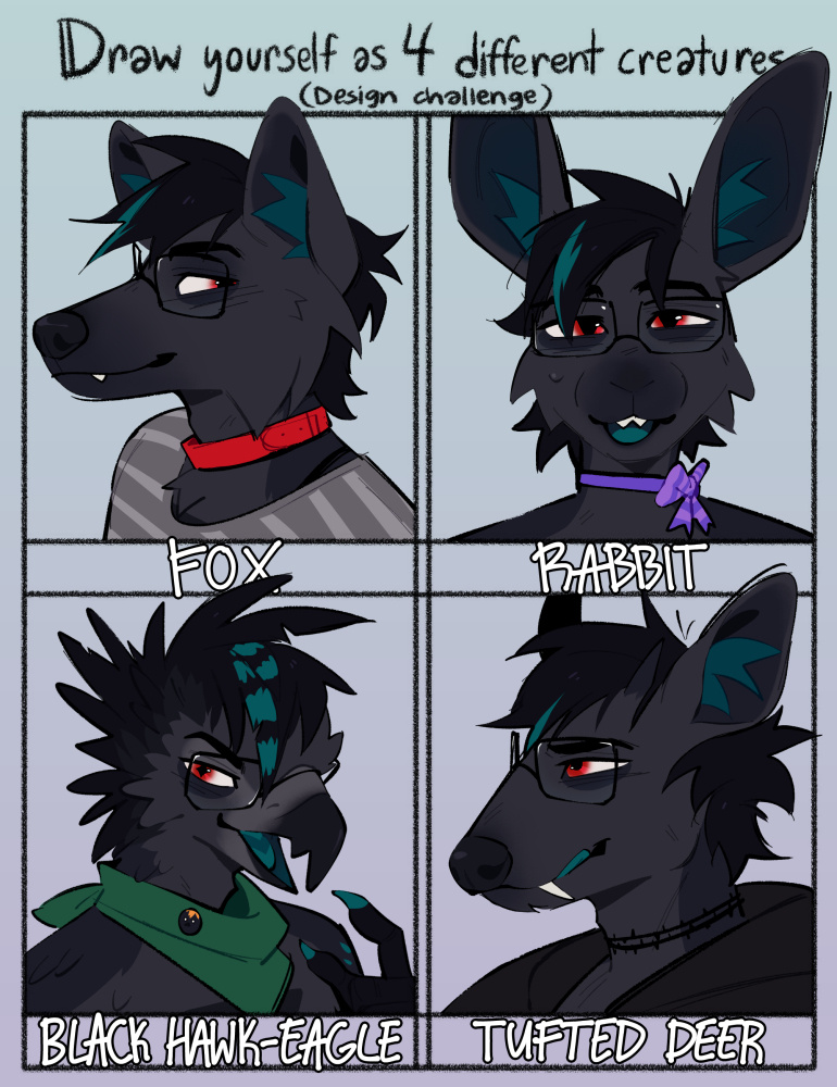 Illustration of a dark grey anthropomorphic character drawn as a fox, a rabbit, a black hawk-eagle, and a tufted deer respectively.