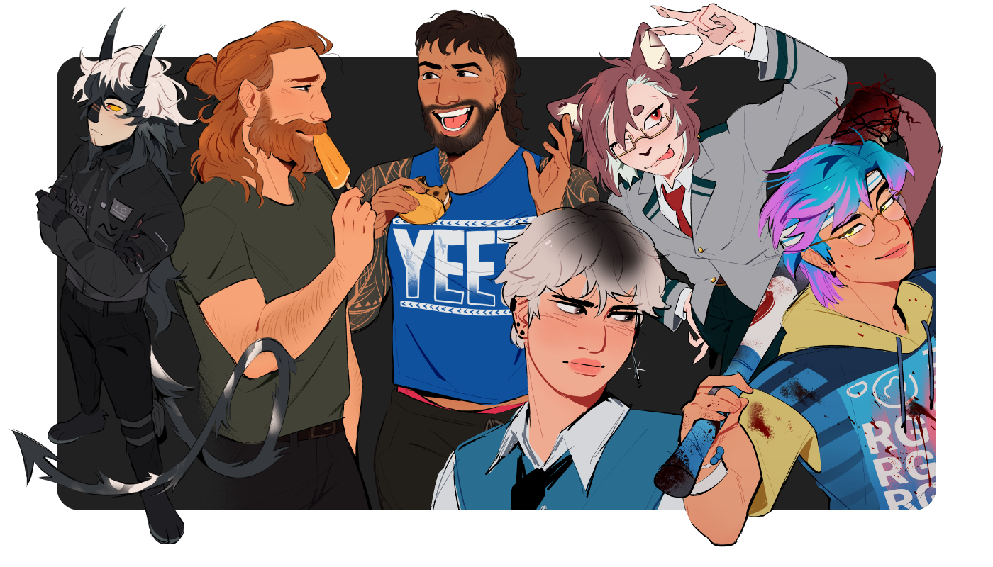 Sketched illustrations of various characters.