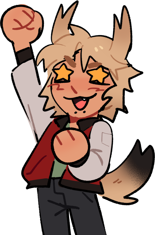 Sketched cutesy illustration of an original character with stars for eyes and pumping his fist in the air.